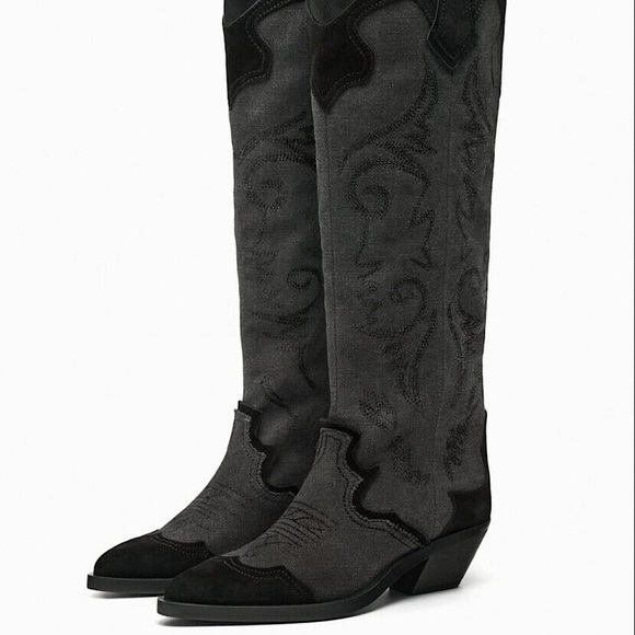 Zara Embroidered Heeled Tall Cowboy Boots - Picture 1 of 10